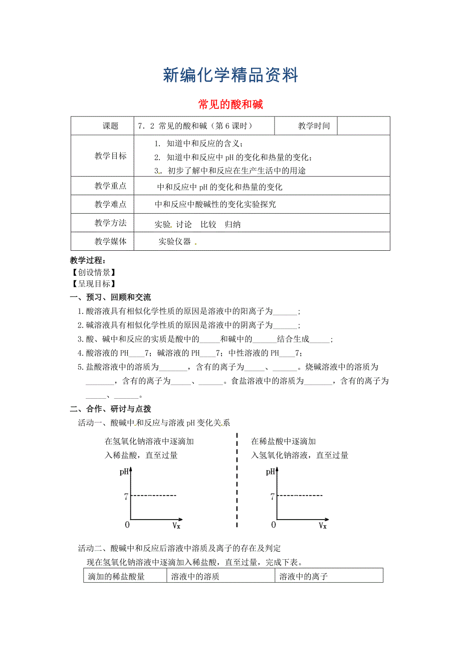 新编【沪教版】九年级化学：7.2常见的酸和碱第6课时教案_第1页