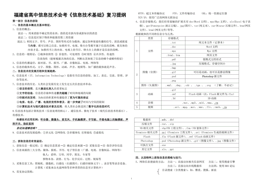 福建省高中信息技术会考《信息技术基础》复习提纲.doc_第1页