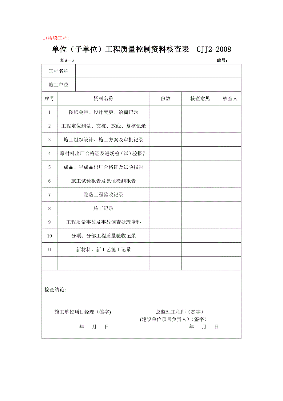 附表6 单位工程质量控制资料核查记录-市政基础_第1页