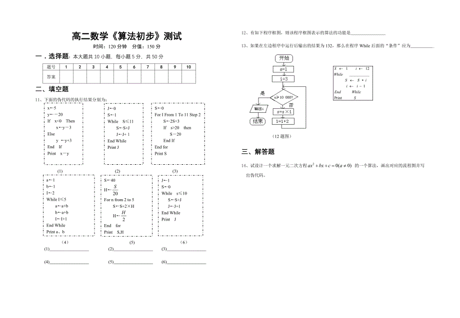 高二数学算法章节复习题.doc_第2页