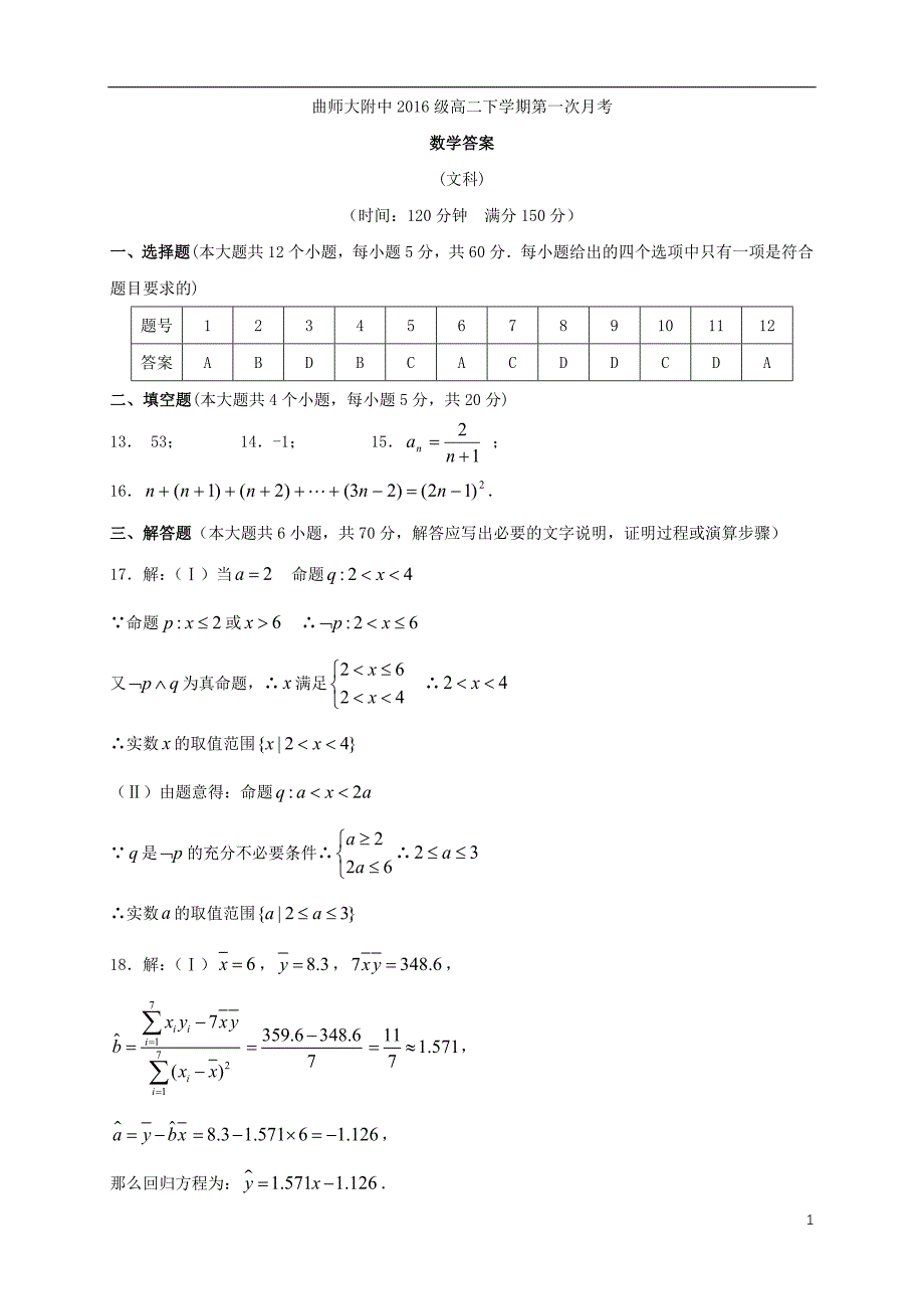 曲师大附中2022级高二下学期第一次月考数学答案.doc_第1页