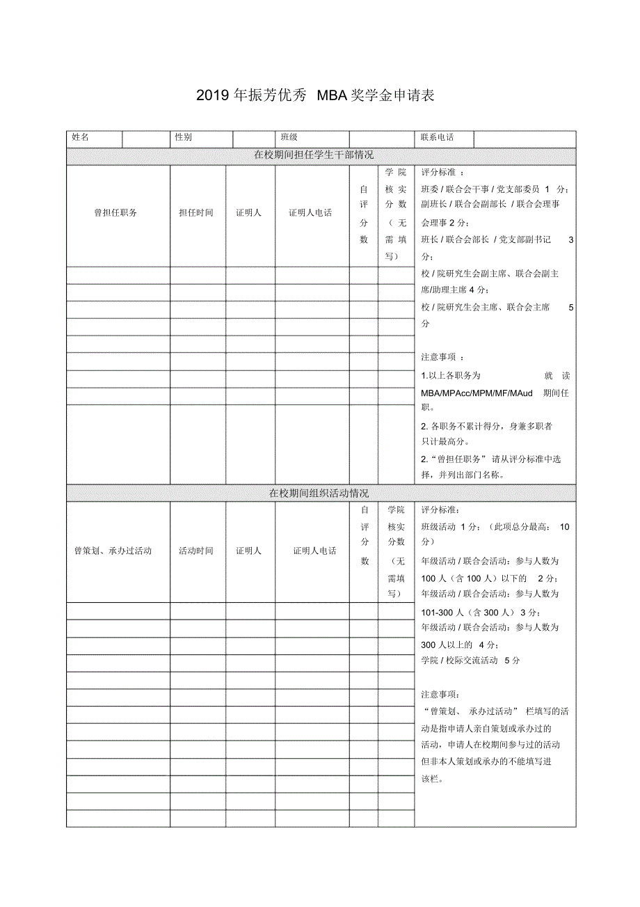 2019年振芳优秀MBA奖学金申请表_第1页