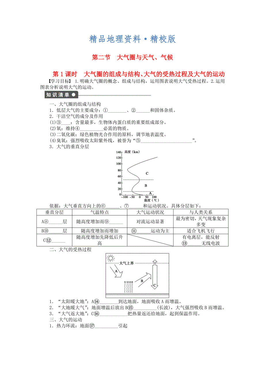 精校版高中地理 第二单元 第2节 第1课时 大气圈的组成与结构、大气的受热过程及大气的运动课时作业 鲁教版必修1_第1页