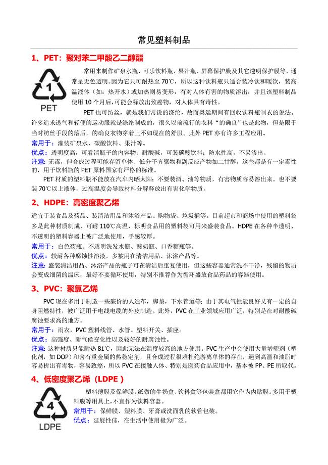 常见塑料制品分类