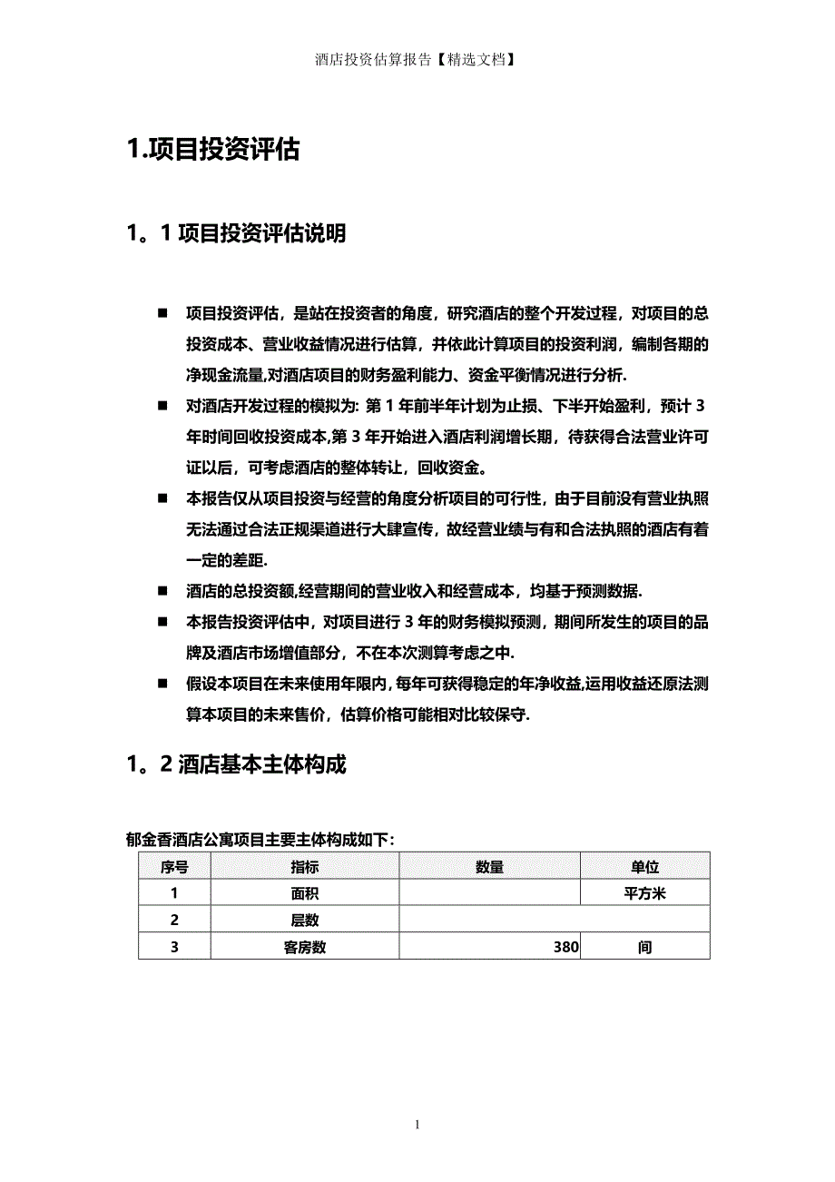 酒店投资估算报告【精选文档】_第1页