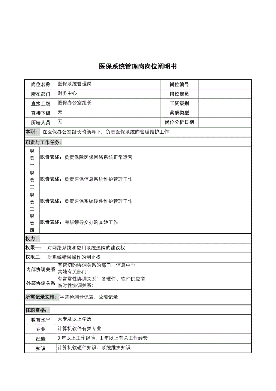 医保系统管理岗岗位专项说明书_第1页