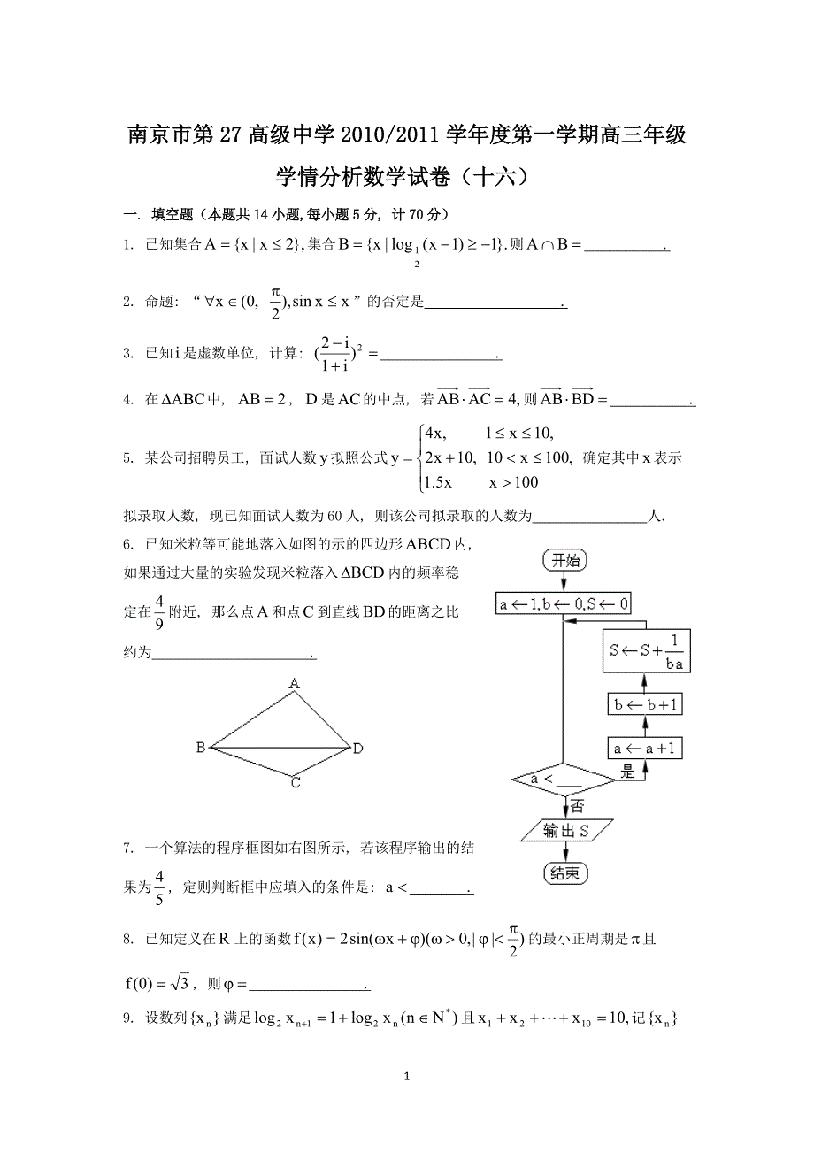 南京市第27高级中学20102011学年度第一学期高三年级学情分析数学试卷（十六）.doc_第1页