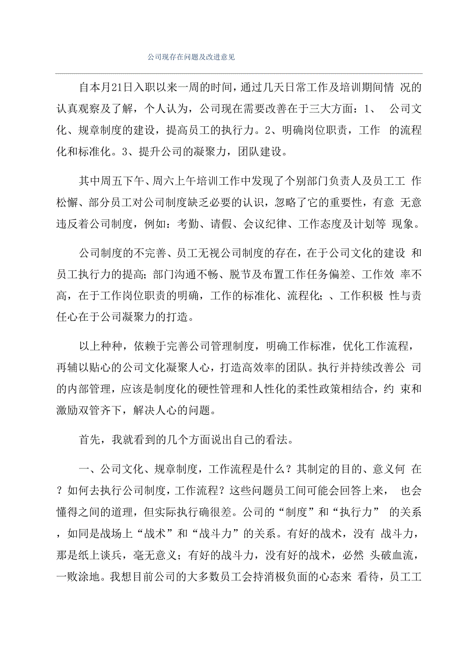 公司现存在问题及改进意见_第1页