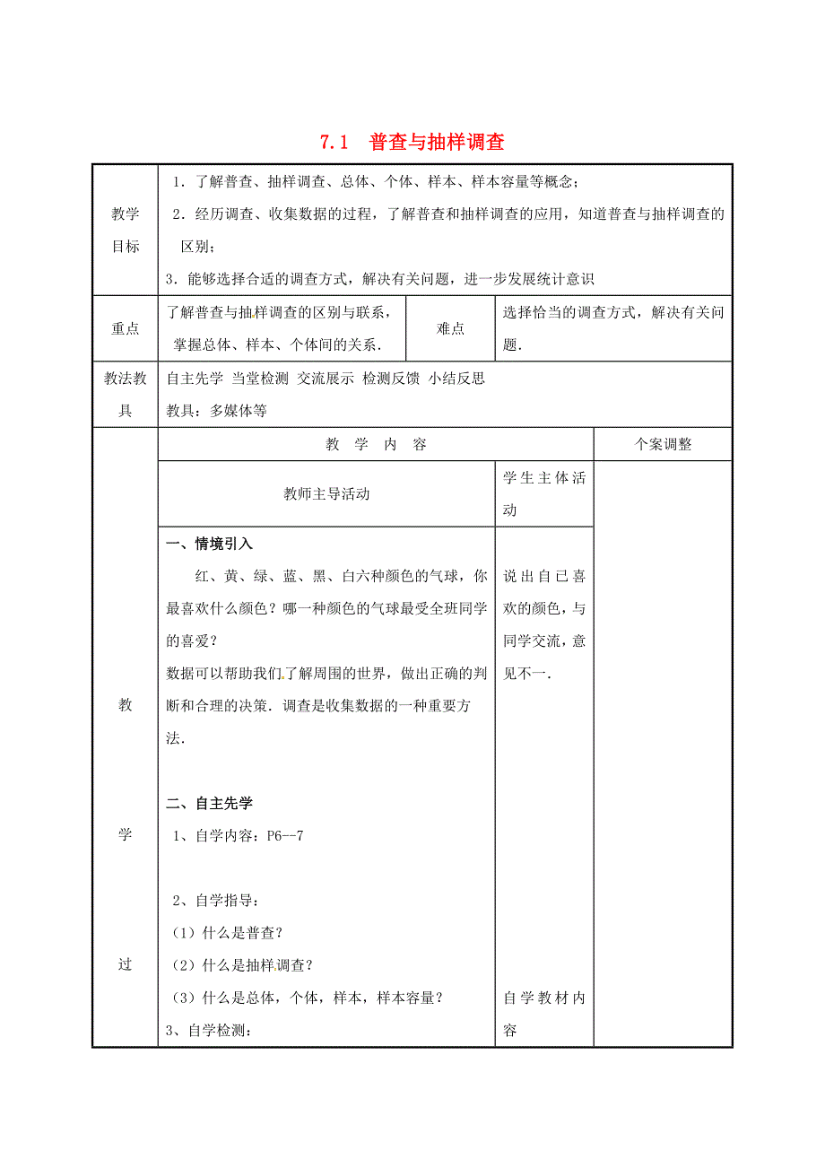 八年级数学下册第七章数据的收集整理与描述7.1普查与抽样调查1教案苏科版_第1页