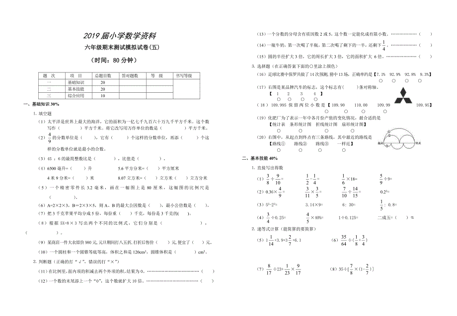 六年级数学下期末测试模拟试卷及答案_第1页