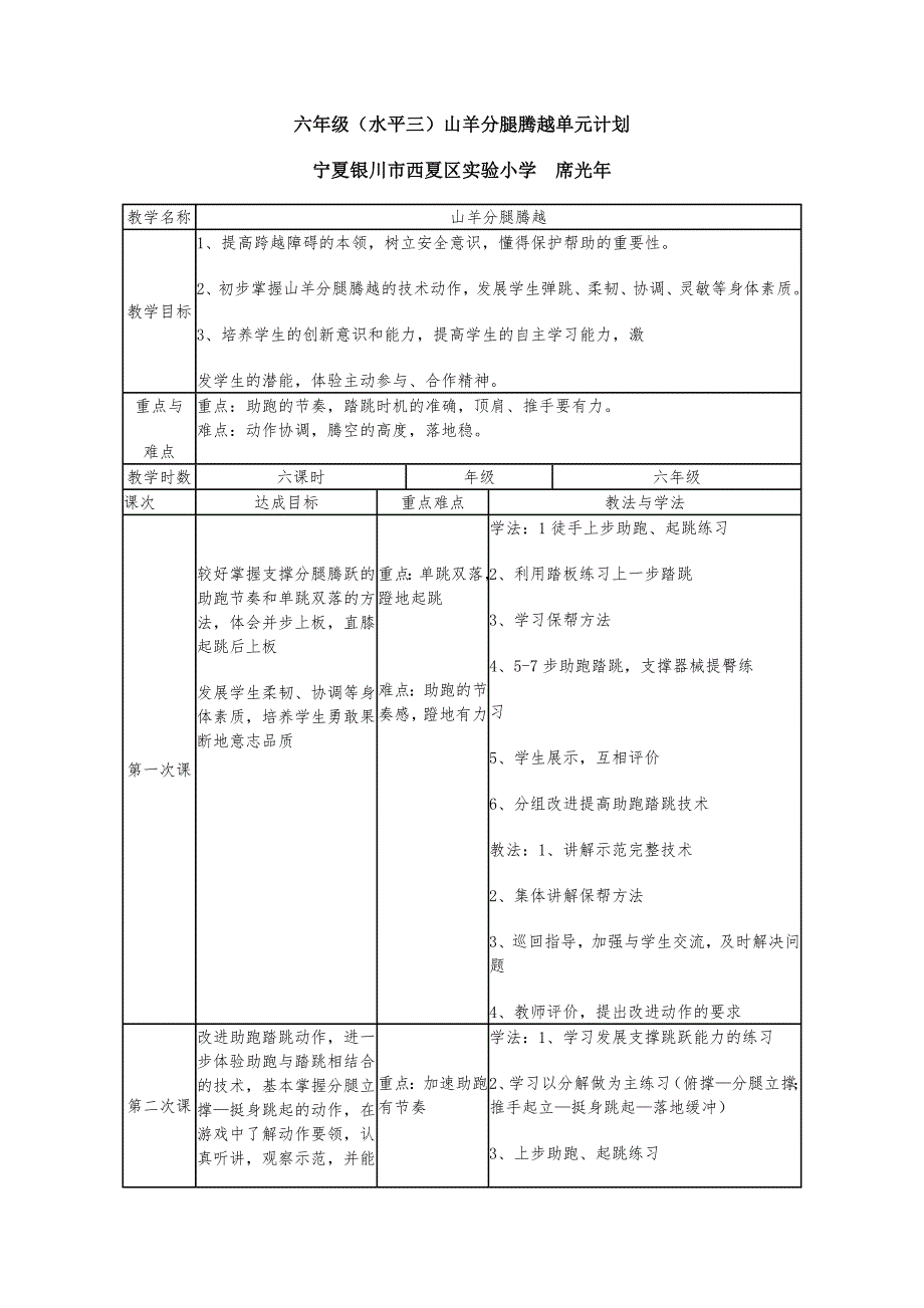 六年级（水平三）山羊分腿腾越单元计划.docx_第1页