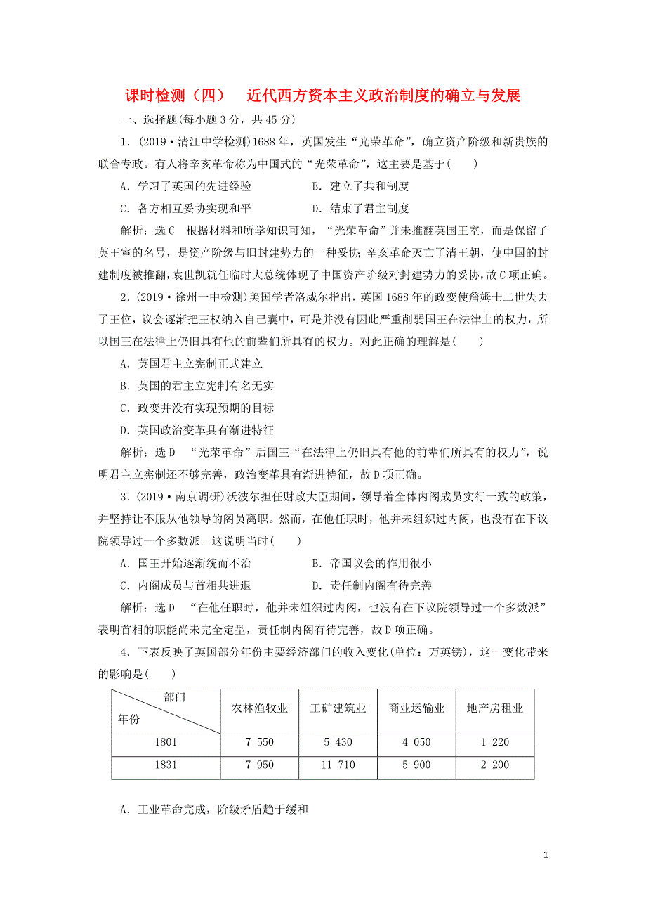 （江苏专版）2020版高考历史一轮复习 课时检测（四）近代西方资本主义政治制度的确立与发展（含解析）新人教版_第1页