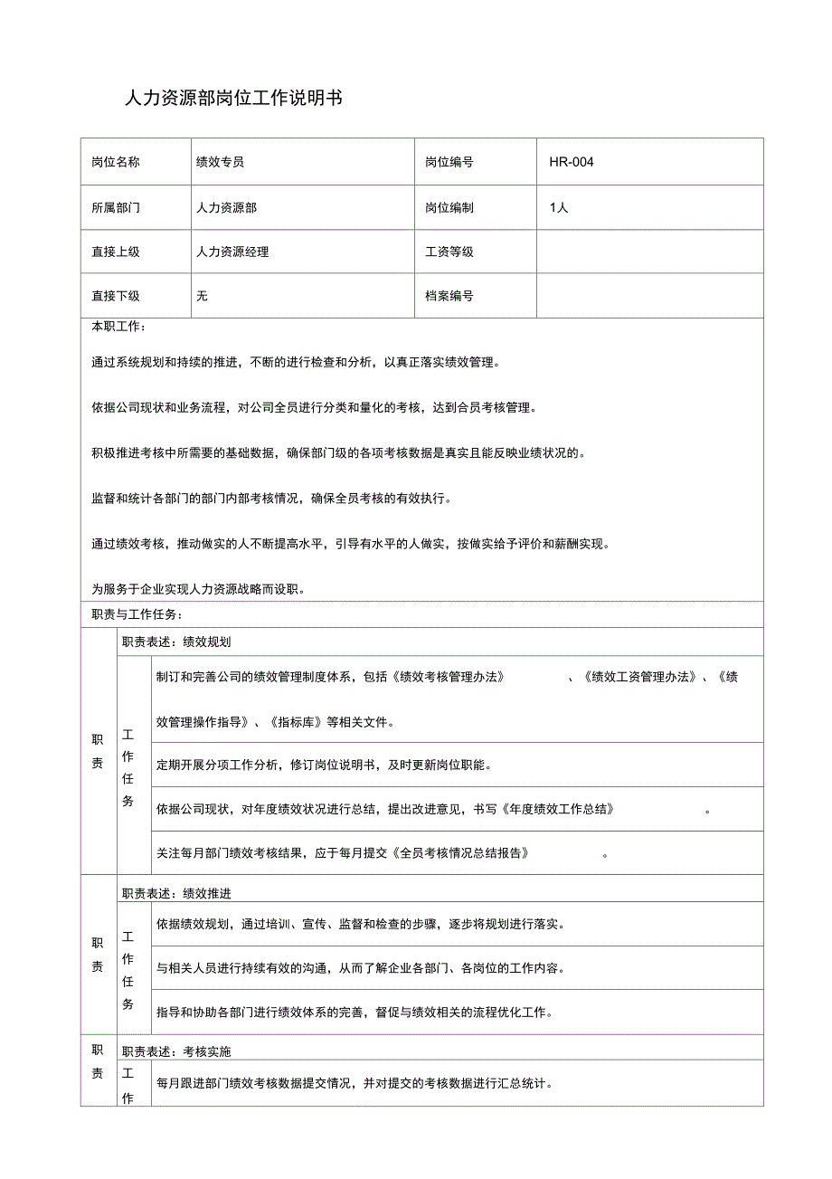 (完整word版)绩效专员岗位说明书_第1页