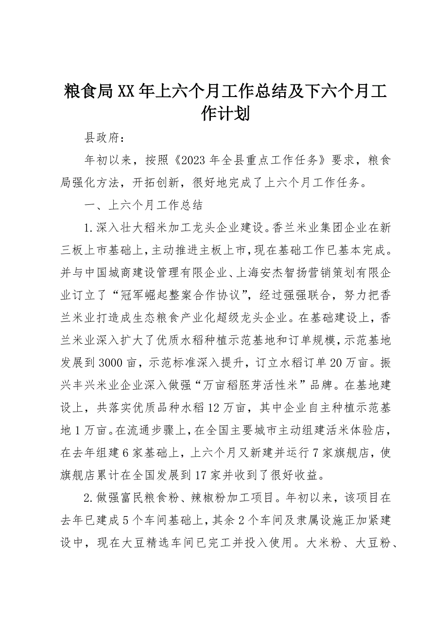 粮食局202X年上半年工作总结及下半年工作计划_第1页