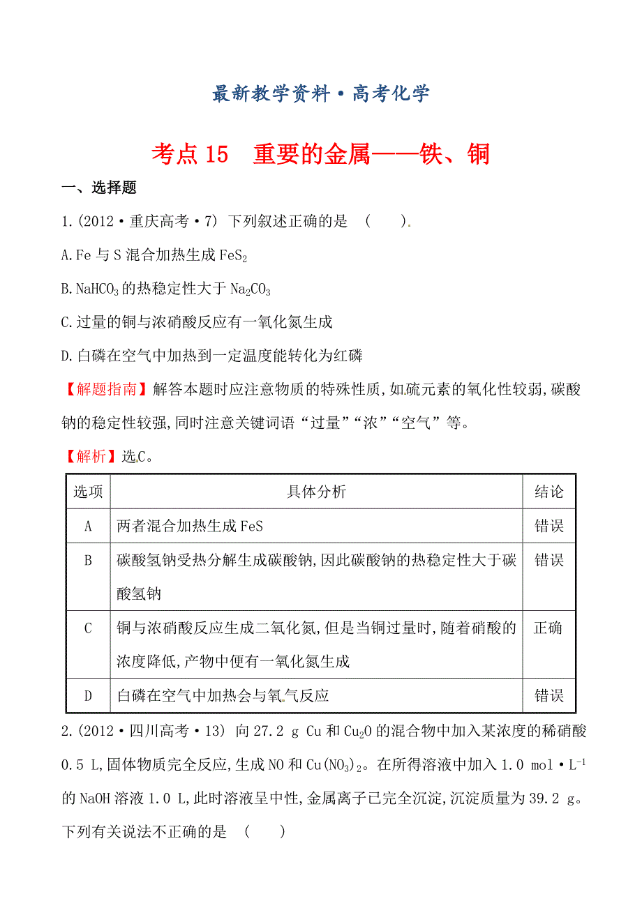 [最新]高考化学【考点15】重要的金属——铁、铜含答案_第1页