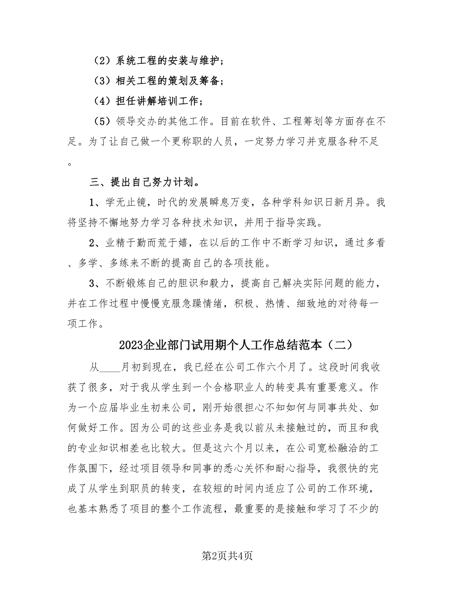 2023企业部门试用期个人工作总结范本（2篇）.doc_第2页