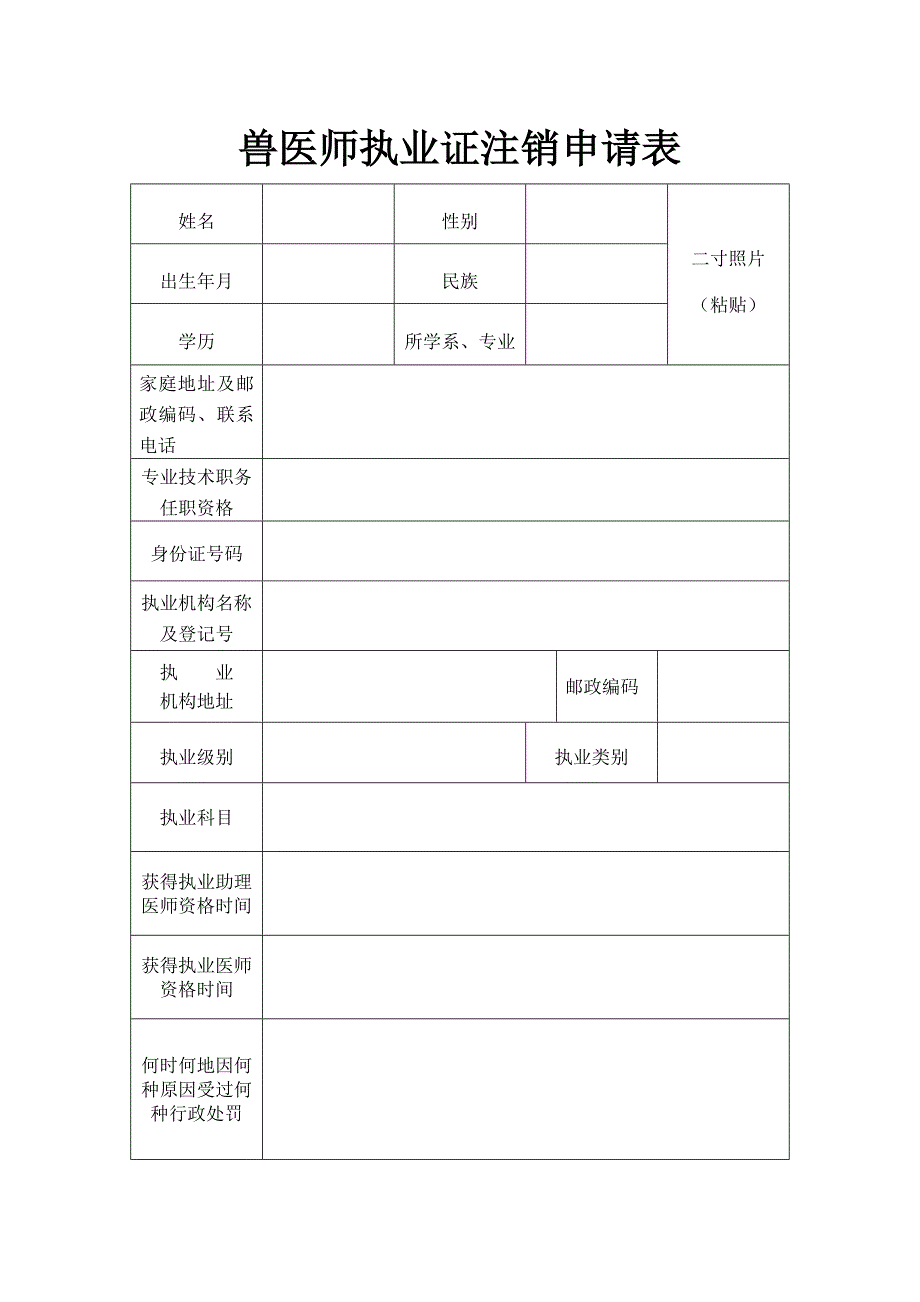 兽医师执业证注销申请表 (1)_第1页