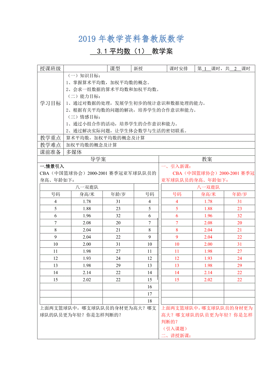 鲁教版数学八上3.1平均数学案_第1页