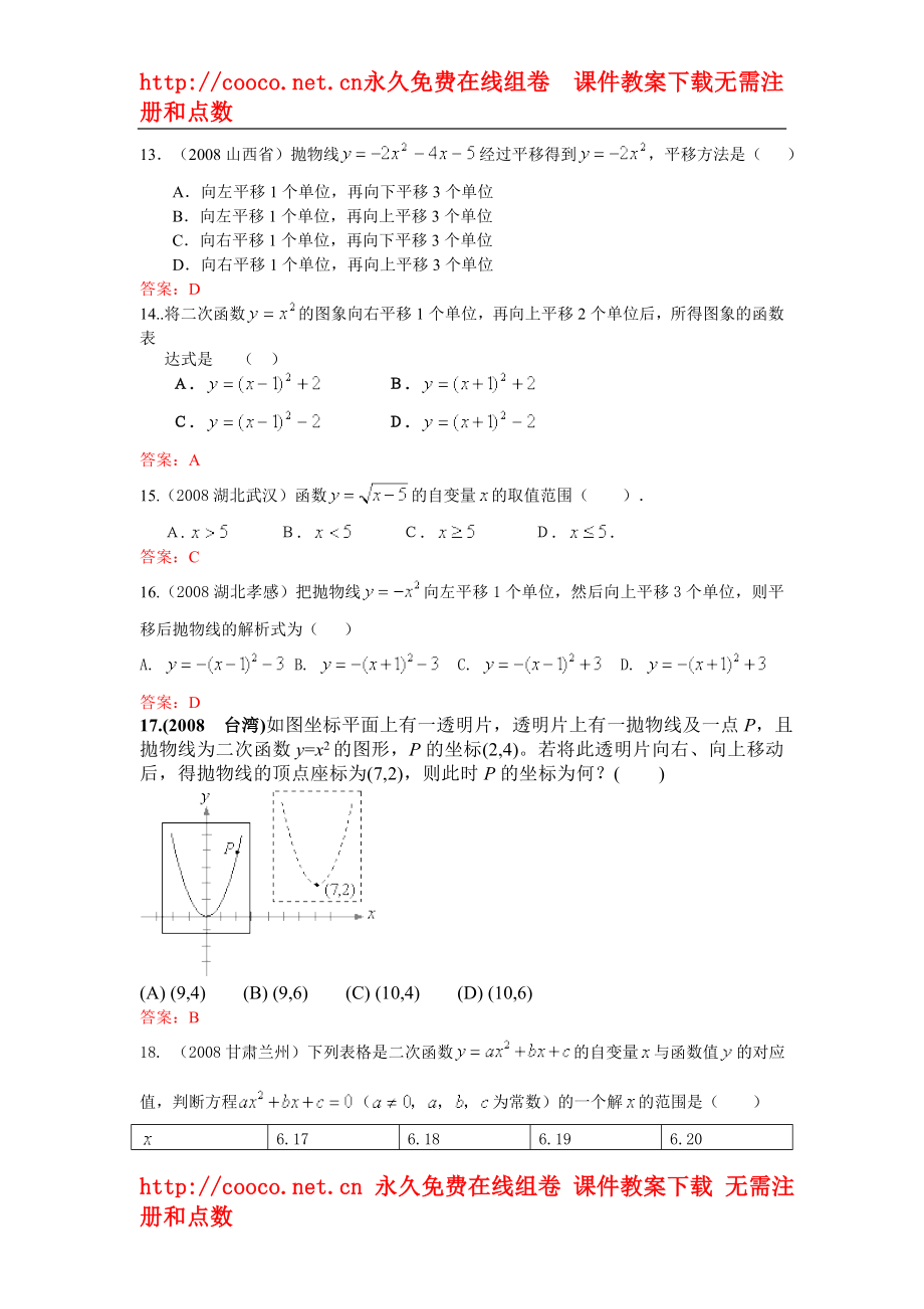 2008年中考数学试题按知识点分类汇编（二次函数和抛物线概念、描点法画二次函数图象、顶点和对称轴）doc--初中数学 .doc_第3页