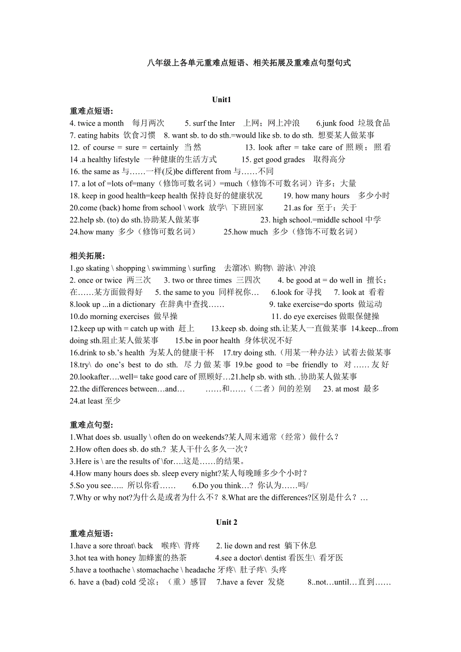 八年级上各单元重难点短语相关拓展及重难点句型句式_第1页