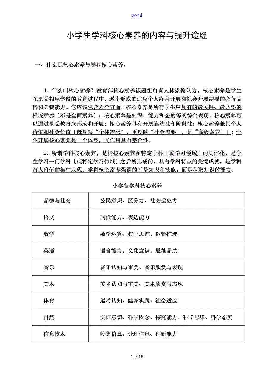 小学生教育学科核心素养地内容及提升途经_第1页