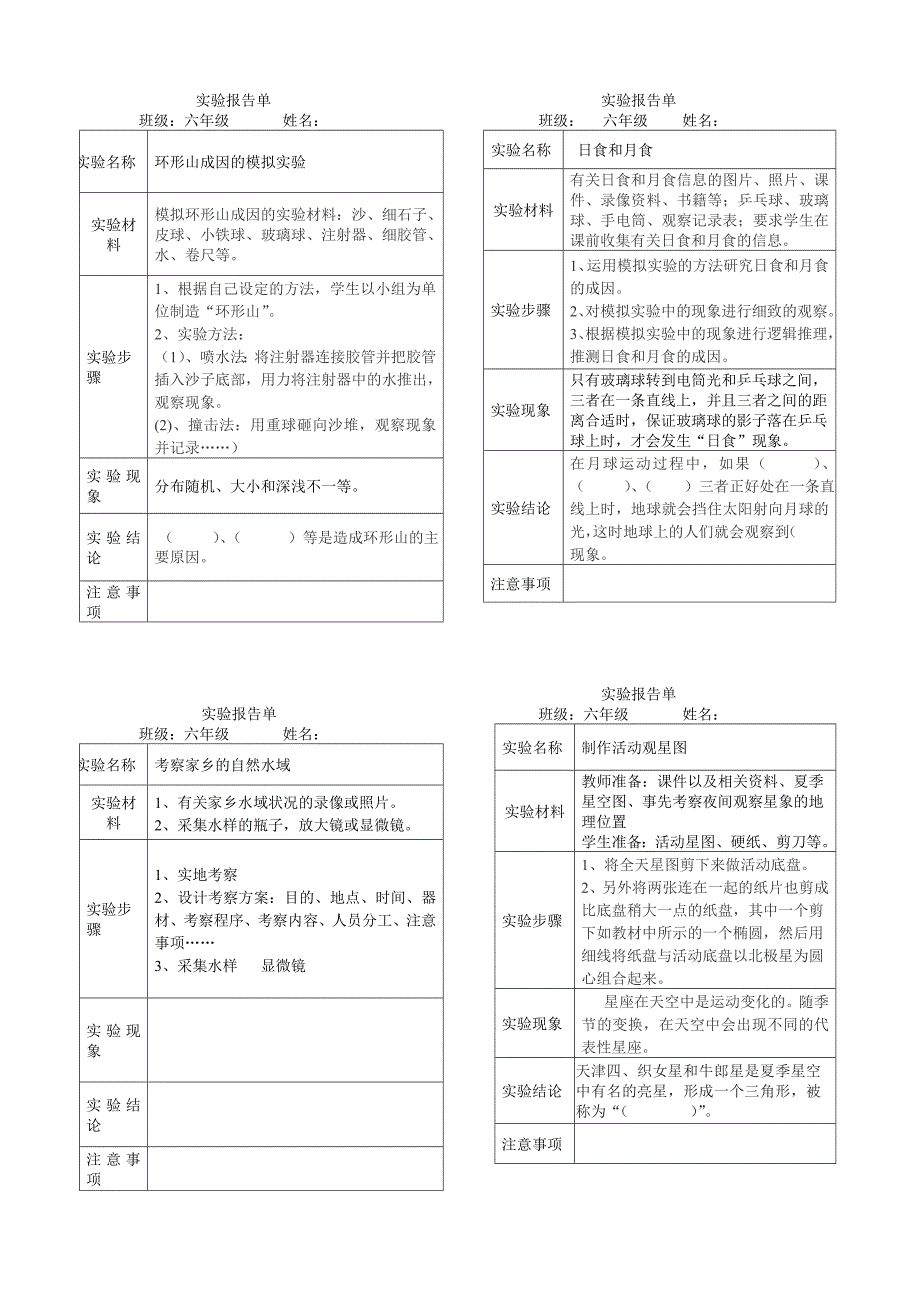 小六实验操作复习报告单_第2页