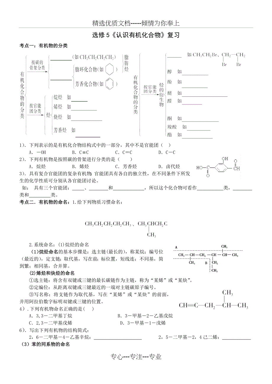 人教版选修5有机化学第一章认识有机化合物知识点总结加典题复习_第1页