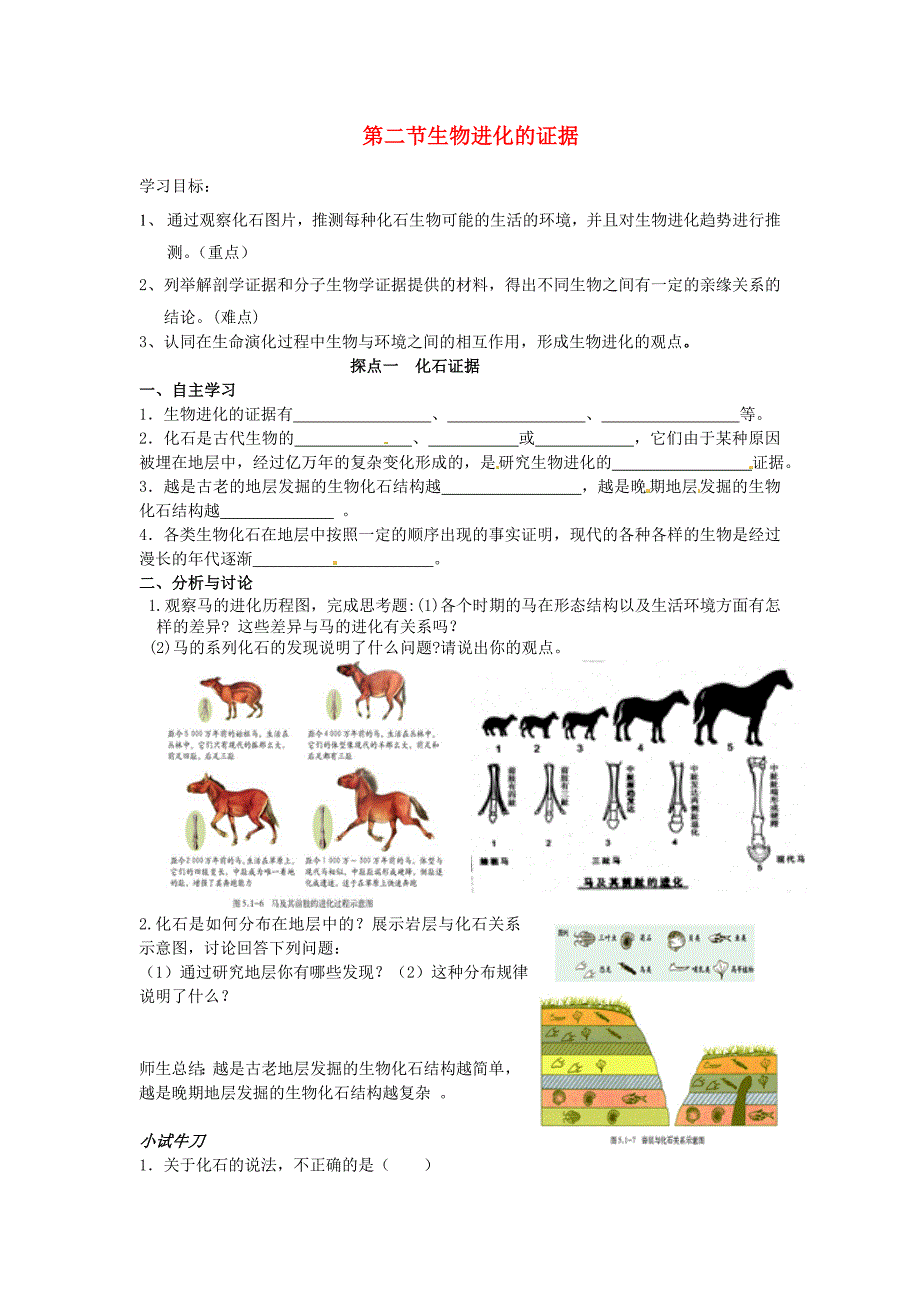 八年级生物下册第五单元第一章第二节生物进化的证据学案无答案济南版_第1页