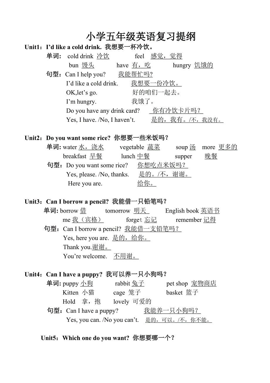 湘少版小学五年级英语上册复习提纲_第1页