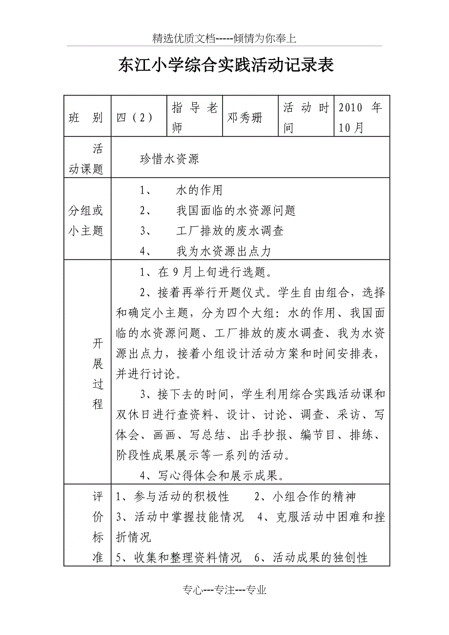 2010-2011学年东江小学综合实践活动记录表_第1页