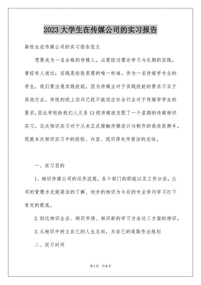 2023年大学生在传媒公司的实习报告.docx