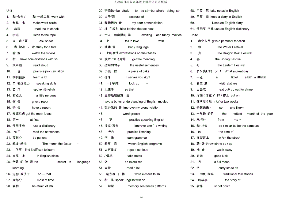 人教新目标九年级上册英语短语归纳.docx_第1页