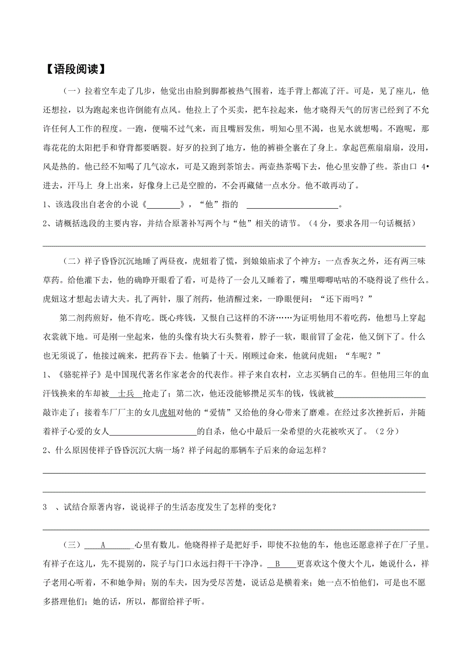 2020年中考语文《考点过关宝典练习》专题26 名著阅读《骆驼祥子》（原卷版）.doc_第3页