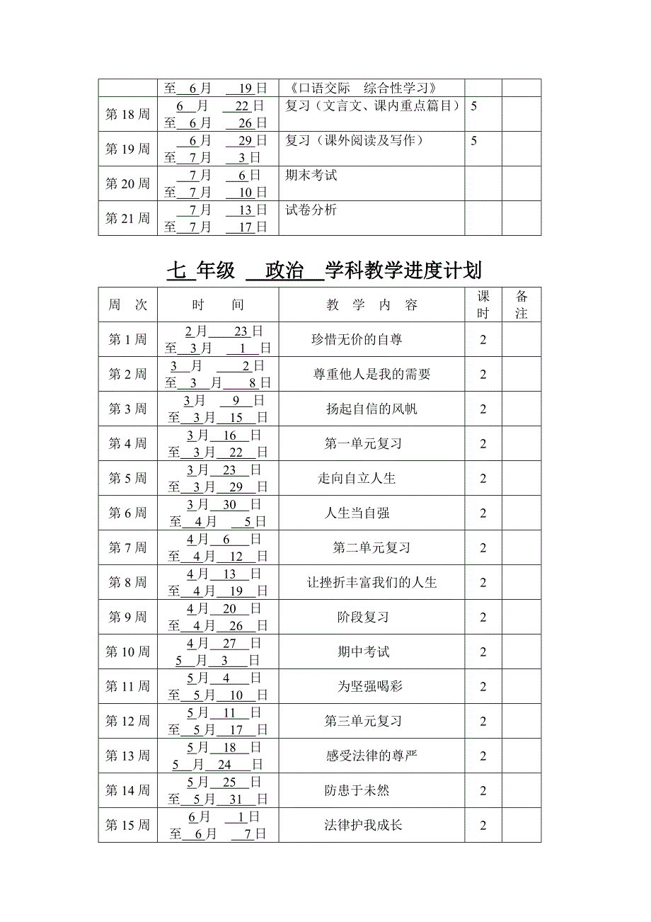 七 年级 英语学科教学进度计划_第4页