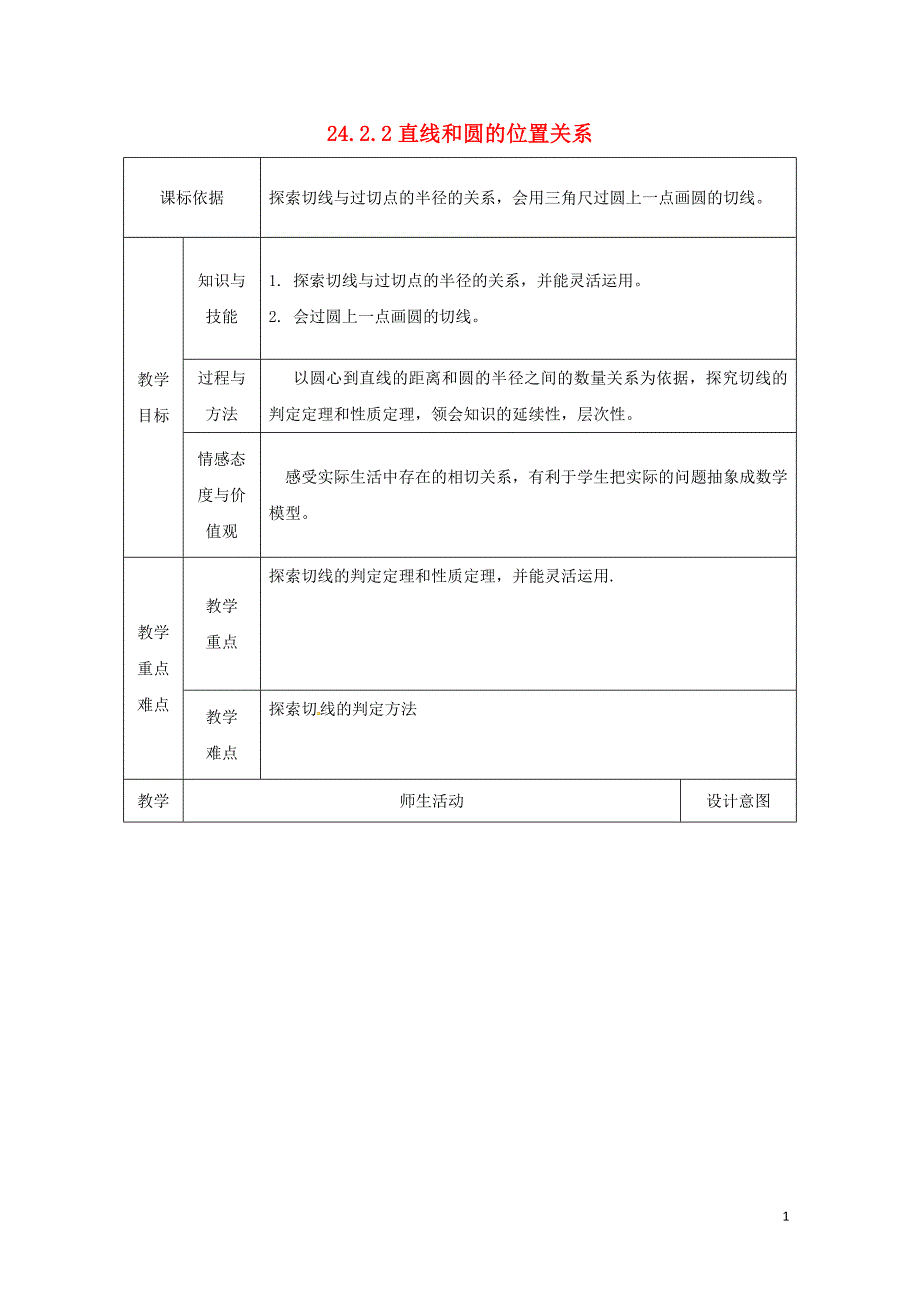 陕西省安康市石泉县池河镇九年级数学上册24.2点和圆直线和圆的位置关系24.2.2直线和圆的位置关系教案新版新人教版05221192_第1页