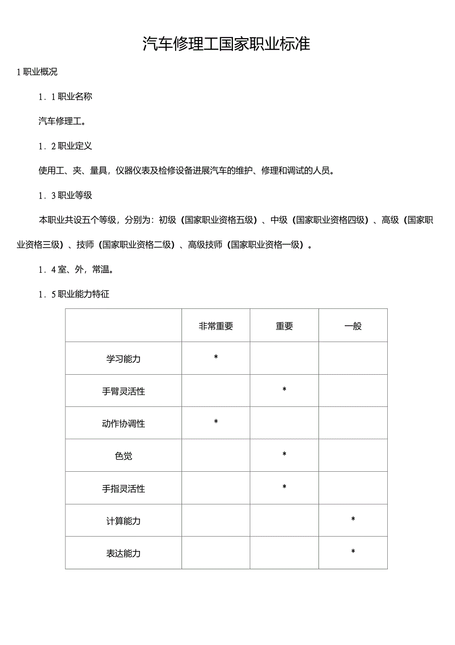 汽车修理工国家职业技能鉴定标准_第1页