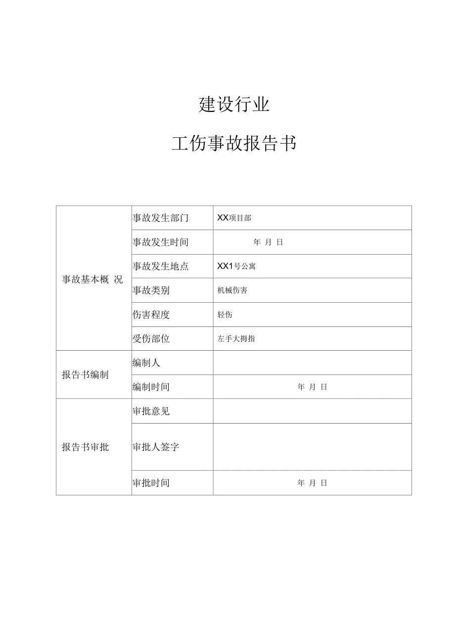 2019年建设行业工伤事故报告书_第1页