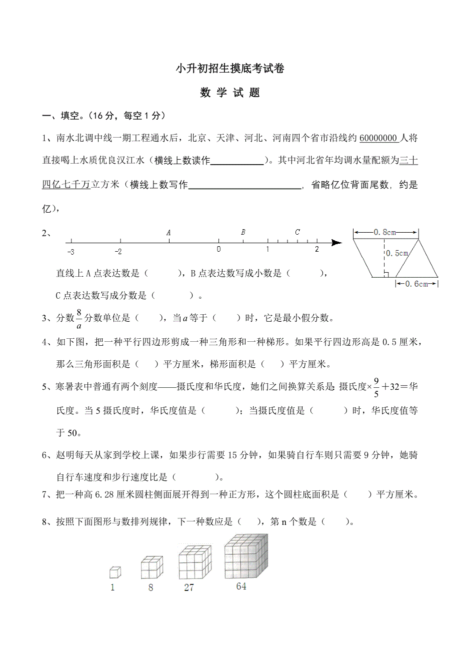 2021年小升初摸底考试数学试卷及解析.doc_第1页