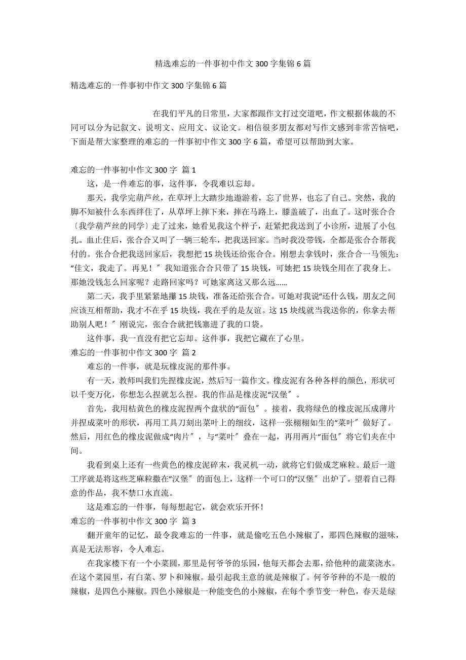 精选难忘的一件事初中作文300字集锦6篇_第1页