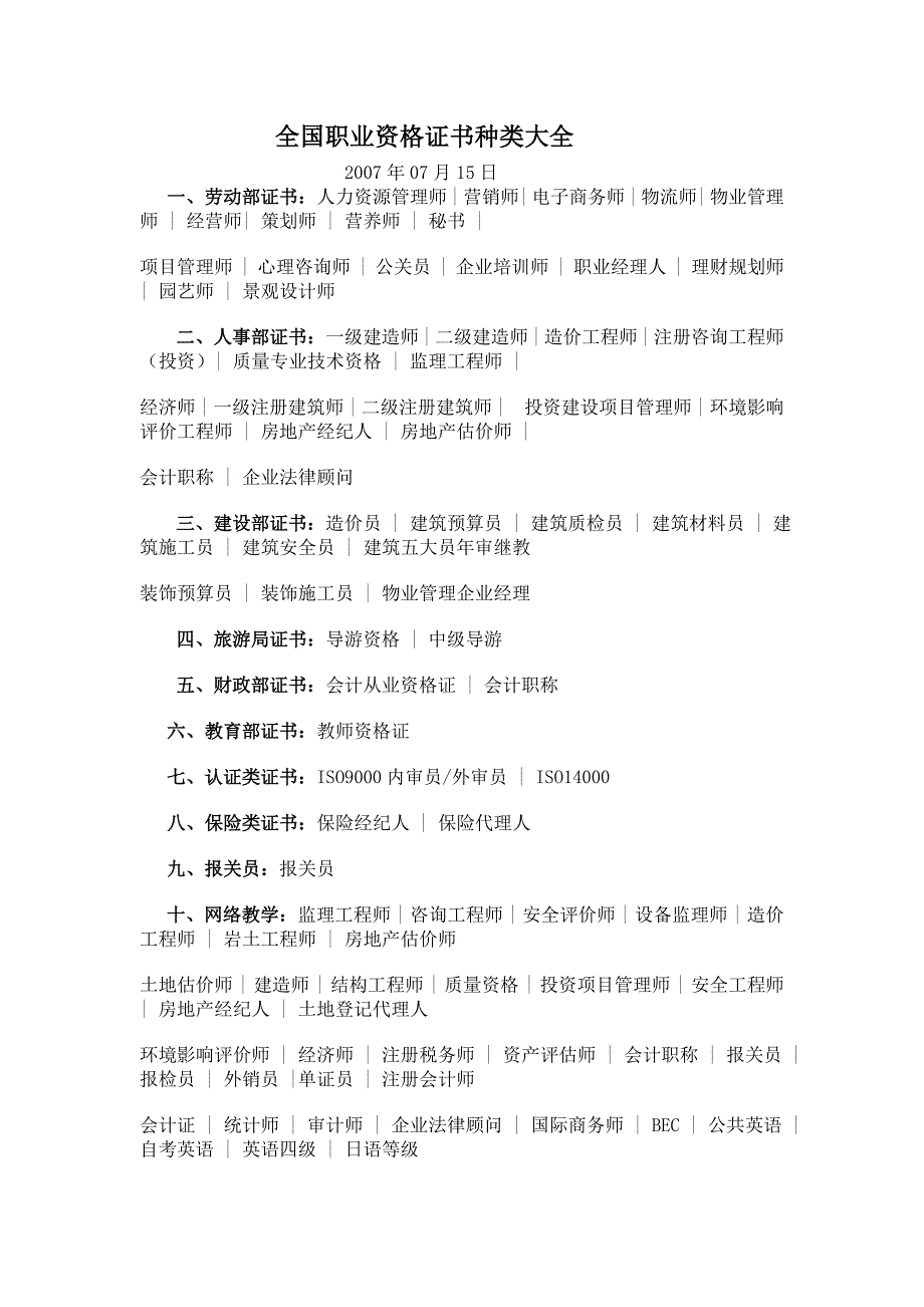 完整全国资格证书种类大完整全_第1页