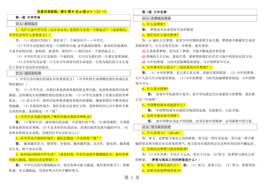 2023年人教版《道德与法治》七年级上册知识框架梳理.doc_第1页