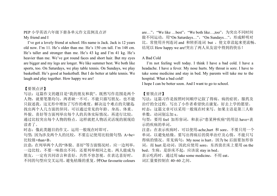 (完整版)PEP小学英语六年级下册各单元作文范例及点评.doc_第1页