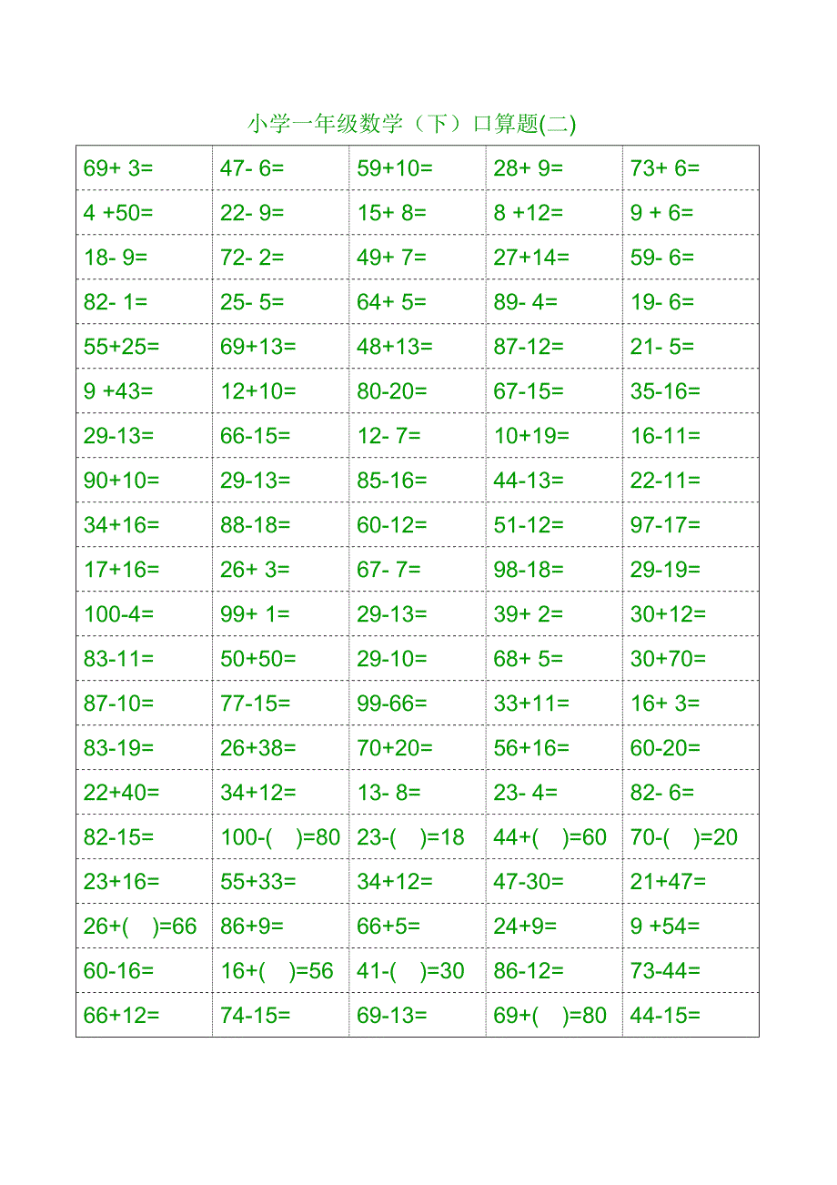 (完整)小学一年级(下册)数学口算练习题_第2页