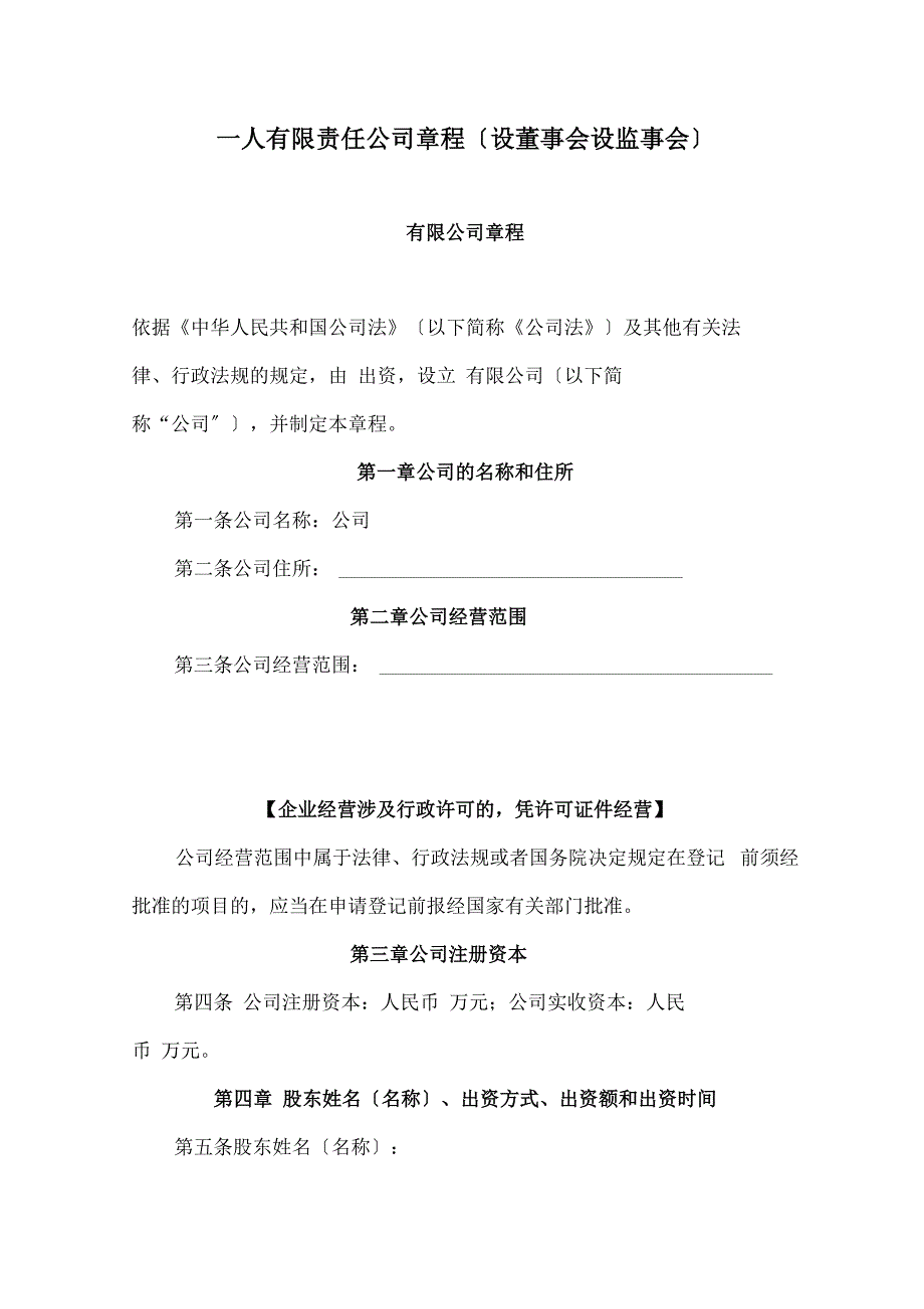 一人有限责任公司章程(设董事会设监事会)_第1页