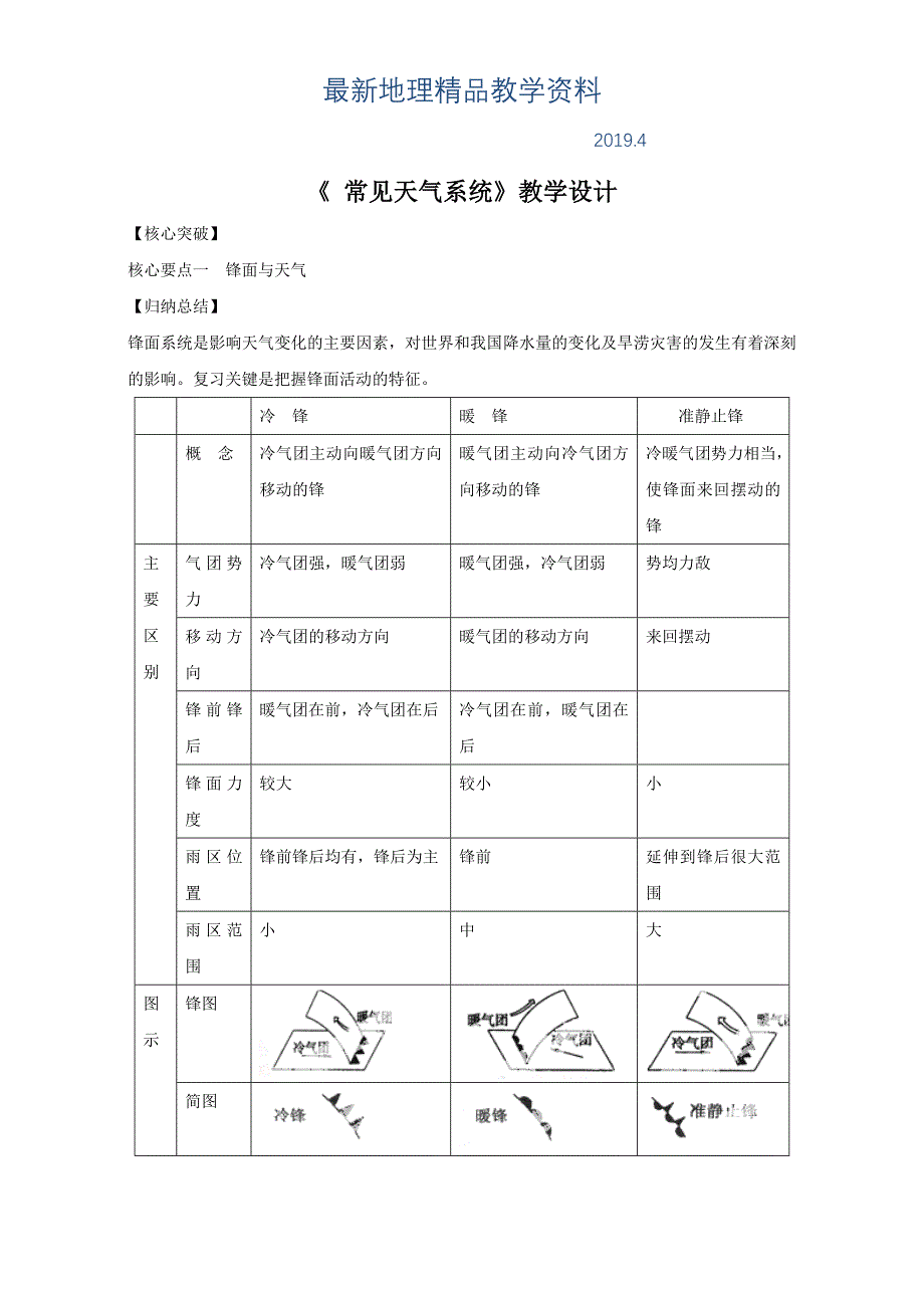 最新地理人教版一师一优课必修一教学设计：第二章 第三节 常见天气系统4 Word版含答案_第1页