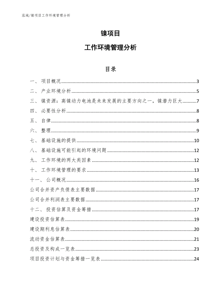 镍项目工作环境管理分析（范文）_第1页