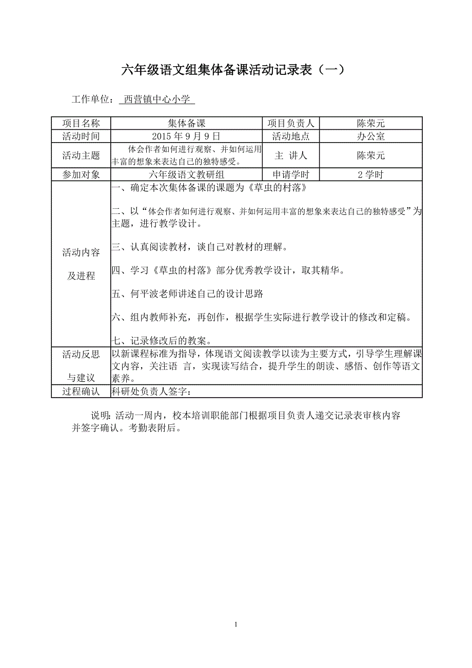 六年级语文《草虫的村落》集体备课活动记录表_第1页