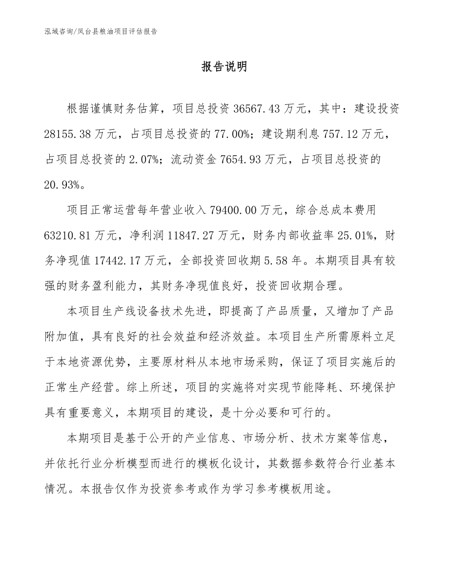凤台县粮油项目评估报告_范文_第1页