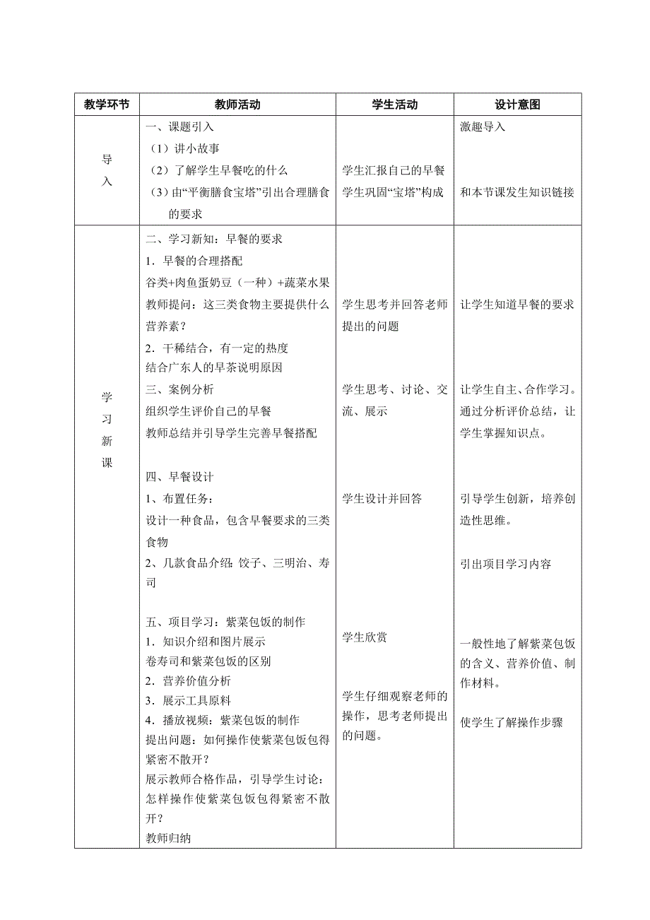 苏教版初中劳动技术《合理早餐的设计与制作》教学设计_第3页