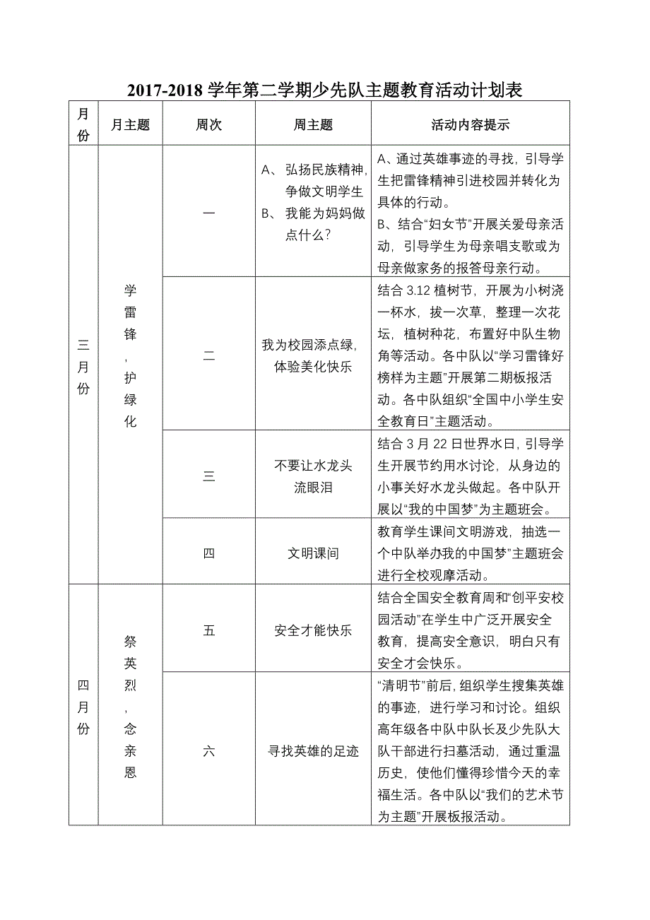 少先队周主题教育活动计划表_第1页